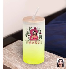 Bk Gift Kadınlar Gününe Özel Karikatürlü Sarı Renk Pipetli Buzlu Cam Bardak 600ML - 5, 8 Mart Kadınlar Günü