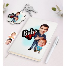 BK Gift Kişiye Özel Baba Oğul Karikatürlü Beyaz Defter Kalem ve Anahtarlık Hediye Seti-5