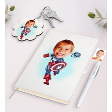 BK Gift Kişiye Özel Erkek Çocuk Kaptan Amerika Karikatürlü Beyaz Defter Kalem ve Anahtarlık Hediye Seti