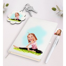 BK Gift Kişiye Özel Kadın Yogacı Karikatürlü Beyaz Defter Kalem ve Anahtarlık Hediye Seti-1