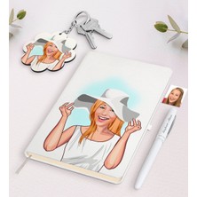 BK Gift Kişiye Özel Kadın Karikatürlü Beyaz Defter Kalem ve Anahtarlık Hediye Seti-20
