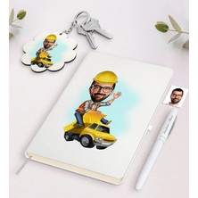 BK Gift Kişiye Özel Erkek Yol Mühendisi Karikatürlü Beyaz Defter Kalem ve Anahtarlık Hediye Seti