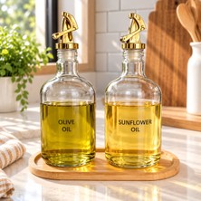 MODA OZY 2'li Gold Sızdırmaz Kapaklı Bambu Stantlı 750 ml Cam Yağlık Seti Suya Dayanıklı Etiket Dahil