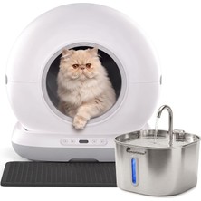 Die Grup Akıllı Otomatik Kedi Tuvaleti + 2.2 L Kedi Su Pınarı Seti, Uygulama ile Uzaktan Kontrol, 75 L Hazne, Koku Önleyici, Yedek Filtre ve Paspas Hediyeli (Beyaz)