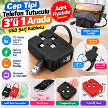 Zenviaa Cep Tipi Telefon Tutuculu Makaralı Uzayıp Kısalabilen 3'ü 1 Arada USB Şarj Kablosu (Ade