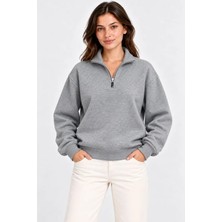 Üç Iplik Içi Şardonlu Dik Yaka Yarım Fermuarlı Kışlık Sweatshirt - Gri