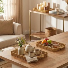 MiraLive Iç Içe Geçebilen 3’lü Dikdörtgen Plastik Rattan Tepsi Seti–hasır Görünümlü Çok Amaçlı Servis ve Sunum Tepsileri (4887)