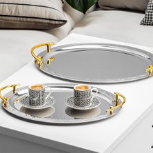 Odea Elit Premium 2'li Paslanmaz Çelik Kahve Tepsisi Gümüş Tepsi Gold Detaylı Dekoratif Servis Sunum Tepsisi
