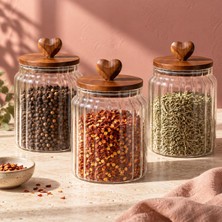Odea Kalp Akasya Kapaklı Cam Kavanoz Seti 3'lü 1300 ml Kuru Gıda Kabı