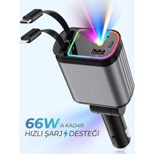 Odea 66W 5in1 Araç Içi Çakmaklık Hızlı Şarj Aleti, Tavan Aydınlatmalı, Çift Makaralı Kablo (Type-C & Lightning) + Ekstra USB ve Type-C Portlu, 3.4A 12V/24V Oto Şarj Cihazı