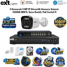 Odea Exitcam 3 Kameralı 5mp Ip Poe Güvenlik Kamera Seti – 320GB HDD Takılı, Gece Renkli, 100 Metre Kablolu