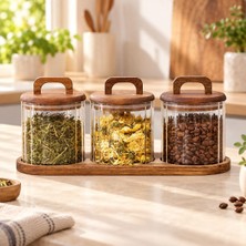 Odea 3'lü 600 ml Akasya Kapaklı Cam Erzak Kavanozu Seti Ahşap Standlı