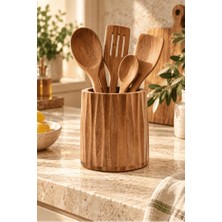 Akasya Ahşap Tezgah Üstü Kaşıklık 11.5X12 cm - Geometrik Oluklu Mutfak Kepçe Spatula Düzenleyici Stand