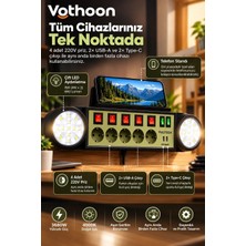 Teknodayım Akıllı Masaüstü Duvar Tipi Akım Korumalı 5’li Priz 3680W LED Işıklı Usb-A Type-C Telefon Standlı