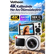 Teknodayım 4K Dijital Fotoğraf Makinesi 18X Dijital Zoom 64 Mp Ön ve Arka Ekranlı Kompakt Kamera Beyaz