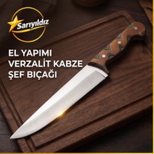 Atak Sarıyıldız Özel Tasarım El Yapımı Verzalit Kabze Şef Bıçağı - Yüksek Karbonlu Dövme Çelik, Estetik Dalgalı Ahşap Desenli Gurme Mutfak Bıçağı