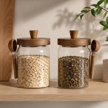 Poomy 2'li Kaşıklı Akasya Kapaklı Cam Kavanoz Seti 700 ml Erzak Saklama