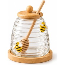 Deconox Arılı Cam Bal Kavanozu 480 Ml, Bambu Kapaklı, Bambu Bal Kaşığı ve Altlık Dahil, Arı Figürlü Kaşıklı Ballık