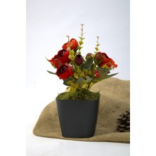 Garden Moda Yapay Çiçek, Brüksel Şakayık Gül Demeti, Bordo-Kırmızı, Beton Saksıda, 30 cm Yükseklik
