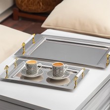 Gy Atelier Saray 2'li Paslanmaz Çelik Kahve Tepsisi Dikdörtgen Gümüş Tepsi Gold Beyaz Detaylı Dekoratif Servis Sunum Tepsisi
