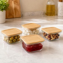 Gy Atelier 4'lü Bambu Kapaklı Kare Cam Kahvaltılık Seti, Şeffaf Cam Saklama Kabı, Reçel Zeytin Peynir Kuruyemiş Baharat ve Atıştırmalık Sunum Kabı