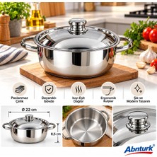 Abnturk 22CM Paslanmaz Çelik 18/10 Cr.ni  kapaklı Derin Yemek Tenceresi-Çelik Kulplu Kaliteli Şık Dayanıklı Tencere 22X8,5CM