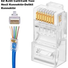 Derwell 60 Adet Yeni Nesil Delikli Ez RJ45 Cat5/cat6 8P8C Utp Ağ Konnektörü, Standart, DRWLEZ60A, Şeffaf, Erkek
