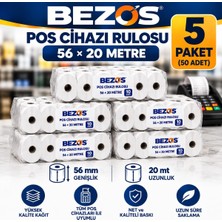 Bezos Termal Pos Cihazı Rulosu 56 mm x 20 M - 50 Adet (5 Paket) Yazar Kasa Slip Rulosu MBT06
