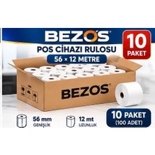 Bezos Termal Pos Cihazı Rulosu 56 mm x 12 M - 100 Adet (10 Paket) Yazar Kasa Slip Rulosu Arz