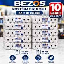 Bezos Termal Pos Cihazı Rulosu 56 mm x 16 M - 100 Adet (10 Paket) Yazar Kasa Slip Rulosu Mmbz