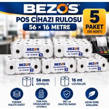 Bezos Termal Pos Cihazı Rulosu 56 mm x 16 M - 50 Adet (5 Paket) Yazar Kasa Slip Rulosu Bbz