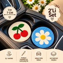 Fun Life Araba Bardak Altlığı 2’li Set 7 cm - Punch El Yapımı Kiraz ve Papatya Desenli Oto Bardaklık Altlığı