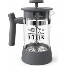 Die Grup Cam French Press Kahve ve Bitki Çayı Demliği, Pistonlu Metal Filtreli, Kulplu Coffee Time Baskılı Kahve Presi 600 Ml, Gri