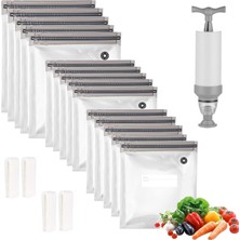 Die Grup Sous Vide Çanta 20 Paket Yeniden Kullanılabilir Vakumlu Gıda Saklama Torbaları, 3 Boyutlu Vakumlu Gıda Torbaları, 1 El Pompası, Gıda Saklama ve Sous Vide Pişirme Için 4 Sızdırmazlık Klipsi (Gri Kit)