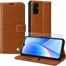 Die Grup Vivo Y20 Ile Uyumlu Cüzdanlı Kartlıklı Standlı Kapaklı Suni Deri Telefon Kılıfı ve Ekran Koruyucu Cam Seti - Kahverengi
