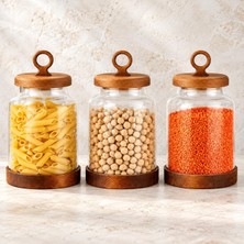 Die Grup 3'lü 1100 ml Borosilikat Cam Erzak Kavanozu Seti Ahşap Kapaklı