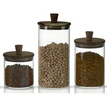 Die Grup 3'lü Silindirik Sap Akasya Kapaklı Yüksek Borosilikat Cam Saklama Kavanozu Seti - 500ML - 1000ML - 1500ML