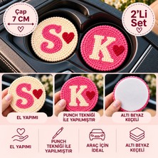 Fun Life Kişiye Özel Harfli Araba Bardak Altlığı 2’li Set - Punch El Yapımı 7 cm Kalpli Tasarım