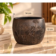 Umya Concept Antik Bakır Kabartmalı Desenli Dekoratif Orkide ve Aranjman Saksı – Yuvarlak Modern Çiçek Saksısı 14X12 cm