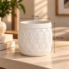 Umya Concept Beyaz Kabartmalı Desenli Dekoratif Orkide ve Aranjman Saksı – Çiçek Motifli Yuvarlak Saksı 12X12 cm
