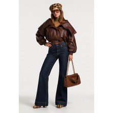 Denim Trip Flare Long Fit Koyu Indigo Paça Detaylı Kadın Jean Pantolon