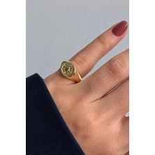 Leo'Stone Gold Pusula Model Plaka Ayarlanabilir Serçe Parmak Yüzüğü Çelik Yüzük Altın Kararmaz