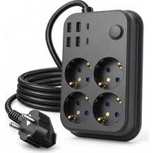 Tr 2 Metre Termal Akım Korumalı 4'lü Priz Çoklayıcı, 4 USB 2 Type-C Girişli 16A 4000W Dörtl�