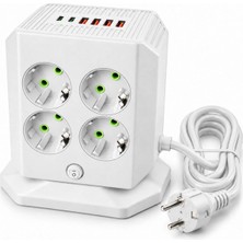 Tr 8'li Topraklı Priz Istasyonu, 4 Ön 4 Arka Prizli, 3 Usb-A 2 Type-C Girişli, 3 Metre Kablolu,