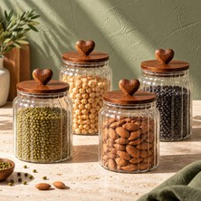 Tr Kalp Akasya Kapaklı Cam Kavanoz Seti 4'lü 1600 ml Kuru Gıda Kabı