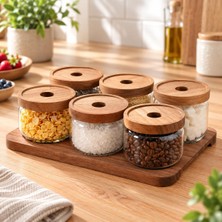 Tr 6'li 300 ml Akasya Kapaklı Cam Kahvaltılık Kavanoz Seti Ahşap Standlı