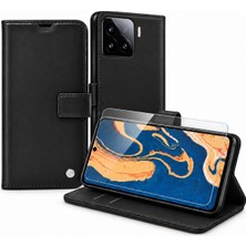 Constraın Xiaomi 13T Pro Ile Uyumlu Cüzdanlı Kartlıklı Standlı Kapaklı Suni Deri Telefon Kılıfı ve Ekran Koruyucu Cam Seti - Siyah