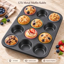 Odea Tr 12 Gözlü Muffin Cupcake Kek Kalıbı, Karbon Çelik Çift Kat Yapışmaz Kaplamalı Fırın Tepsisi, Brownie, Kurabiye ve Çörek Için Porsiyonluk Pişirme Kabı, Tek Parça Dikdörtgen Metal Gövde, Siyah