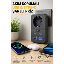 Tr Akım Korumalı Priz Çoklayıcı, 2 Usb, 2 Type-C, Hızlı Şarj, Termal Korumalı, 2500W, Siyah