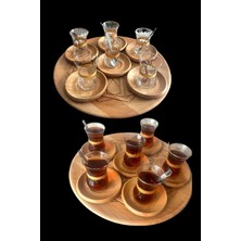 Odea Tr Ahşap Motif Işlemeli Yuvarlak Çay Tepsisi ve 6 Tane Çay Tabağı